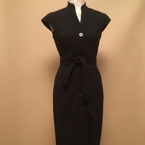 Calvin Klein Black Mandarin Collar Tie Waist Dress